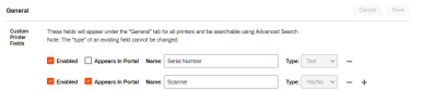 Admin Console General settings tab showing the Custom Fields section where two custom fields named Serial Number and Scanner have been added. 